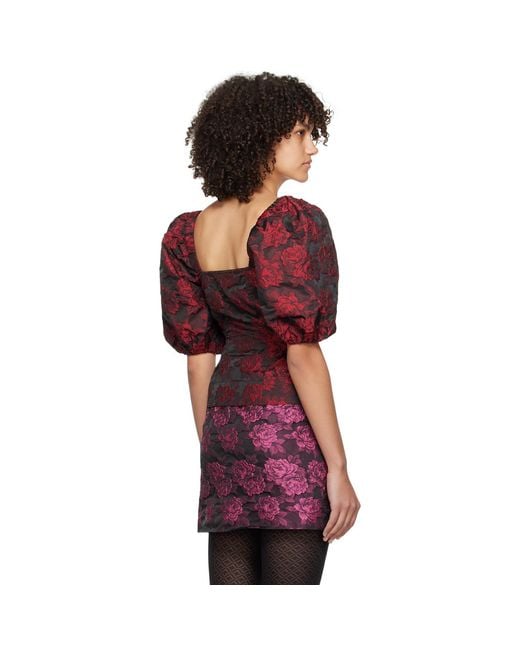 Ganni Black & Red Botanical Jacquard Blouse