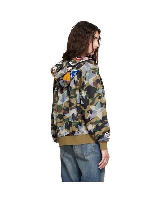 A Bathing Ape Green Camo Mesh Shark Cropped Fit Full Zip Hoodie