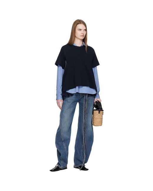 Sacai Black Light Weight Denim & Cotton Jersey T-Shirt