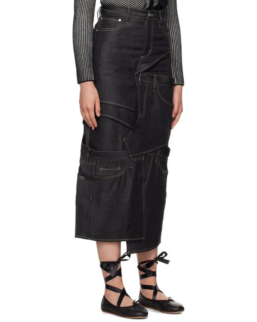 Feng Chen Wang Black Paneled Denim Midi Skirt