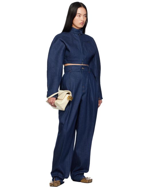 Jacquemus Blue Cropped Indigo Denim Moto Jacket