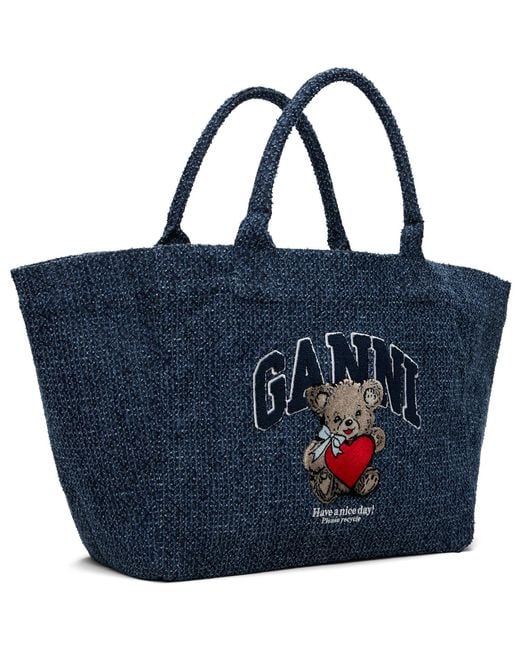 Ganni Blue Xxl Bear Tweed Denim Shopper Tote
