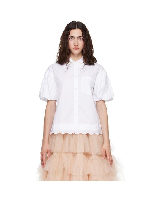 Simone Rocha White Cropped Puff Sleeve Lace Trim Shirt