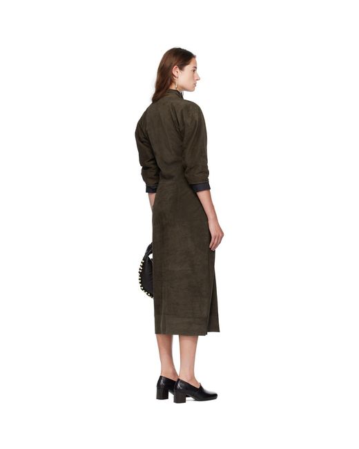 Lemaire Black Khaki V-Neck Nubuck Midi Dress