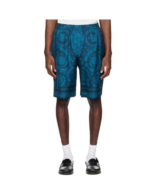 Versace Blue Barocco Silk Shorts for men