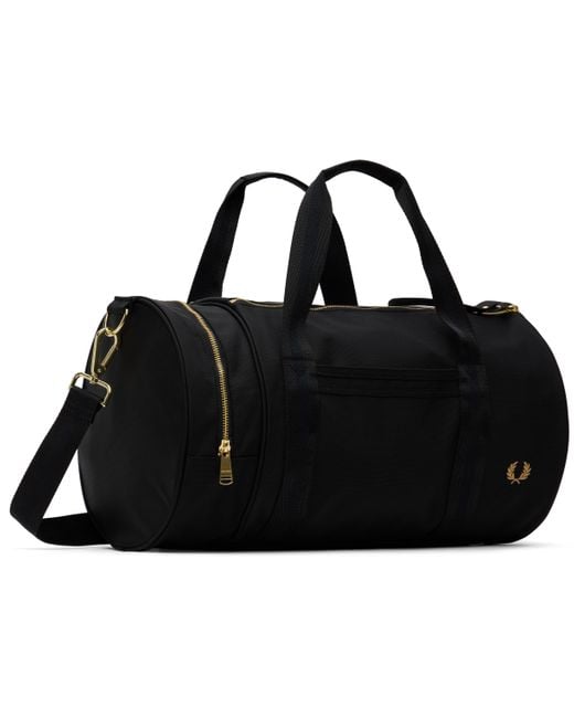 Fred Perry Black Textured Nylon Barrel Duffle Bag for men