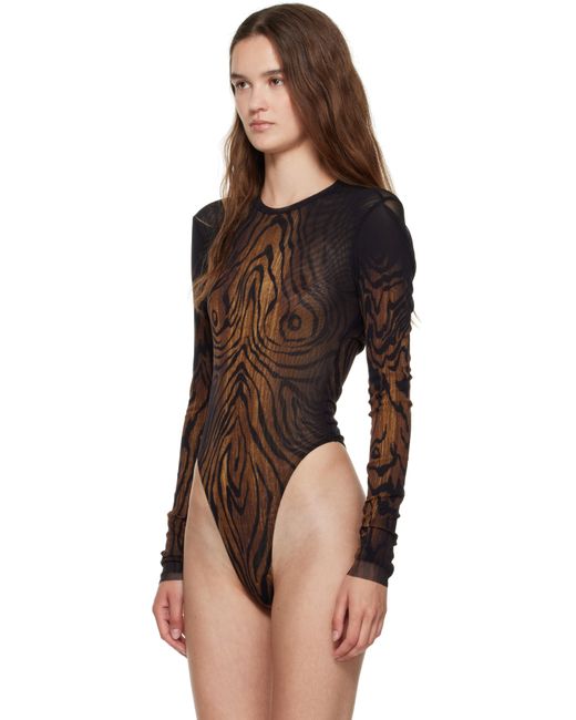 Jean Paul Gaultier Black Mesh Double Layer Printed Wood Bodysuit