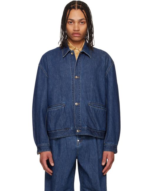 SOSHIOTSUKI Blue Manipulation Drape Pocket Washed Denim Jacket for men