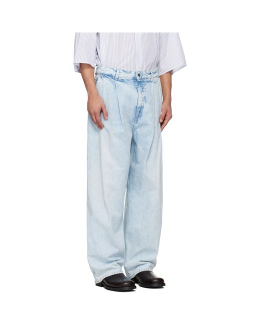 Hed Mayner Blue Light Wash Pleated Jeans for men