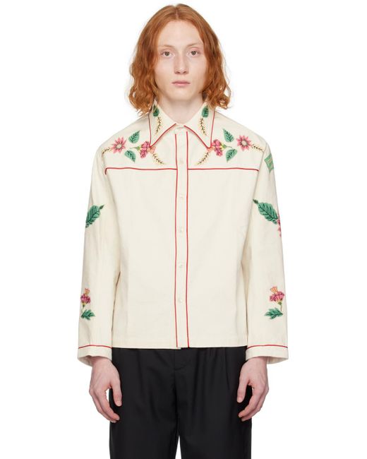 Bode Natural White Embroidered Long Sleeve Shirt for men