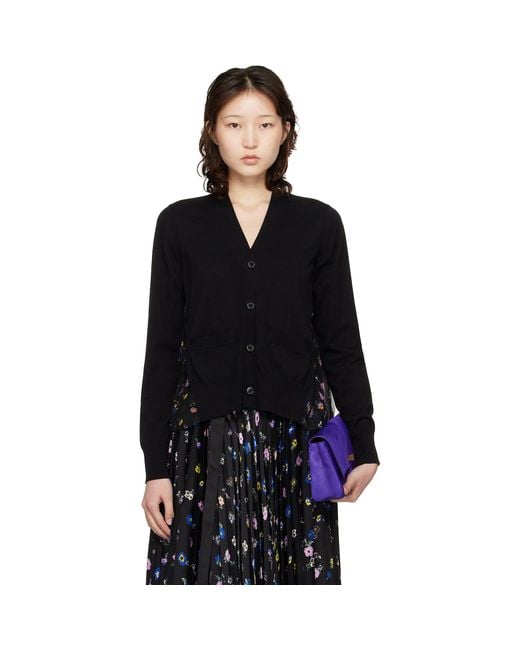 Sacai Black Floral Print Cotton Knit Cardigan