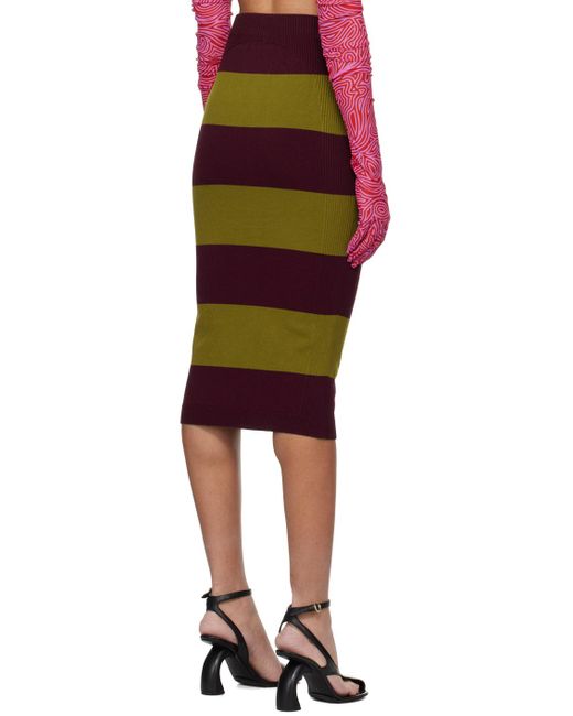 Dries Van Noten Black Burgundy & Khaki Striped Midi Skirt