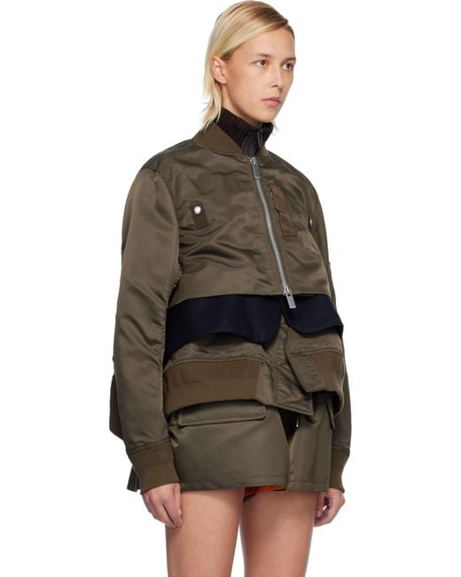 Sacai Khaki Nylon Twill & Wool Melton Blouson Jacket in Black | Lyst