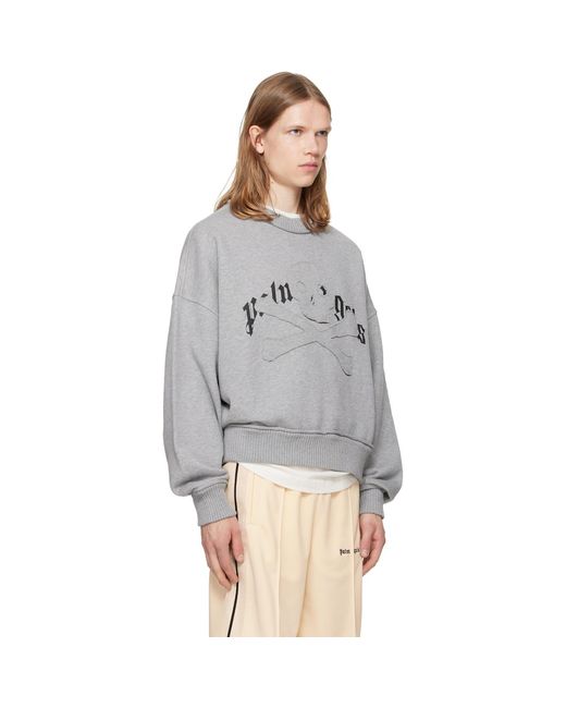 Palm Angels Gray Skull Embroidery Loose Crewneck Sweatshirt for men