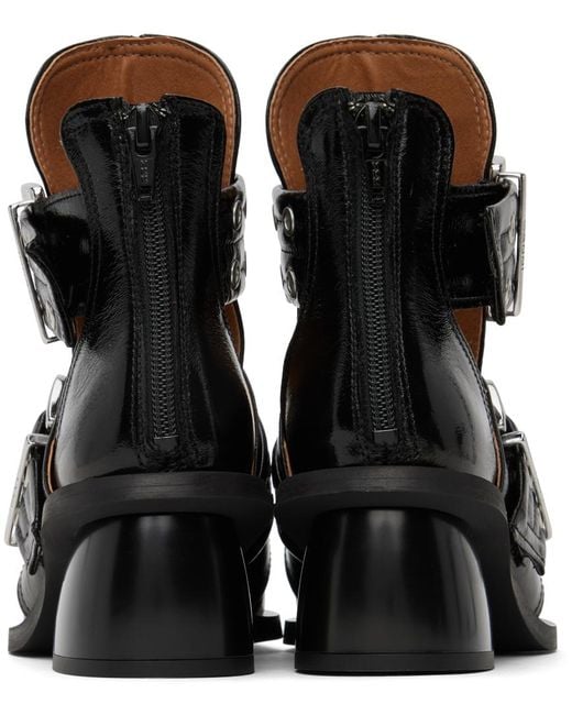 Ganni Black Double-Buckle Cut-Out Ankle Boots