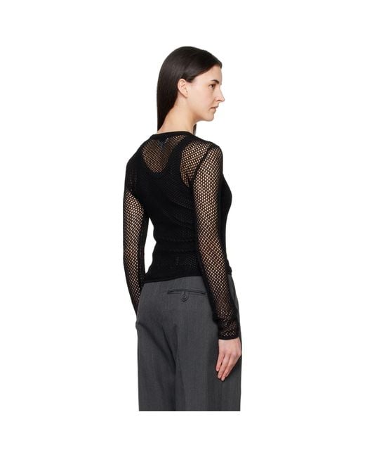 Ganni Black Mercerized Cotton Mesh Pointelle Longsleeve T-Shirt
