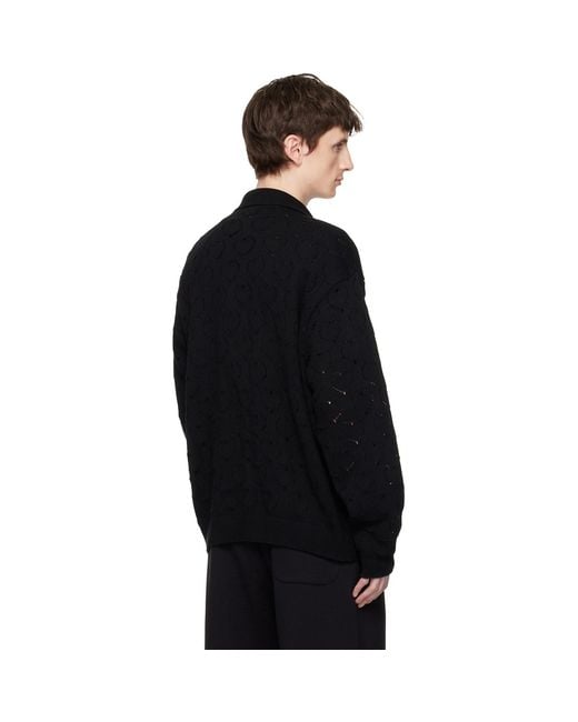 vowels Black Eyelet Knitted Zip-Up Jacket for men