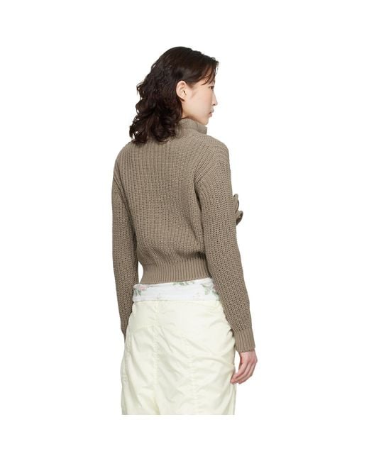 OPEN YY Green Taupe Applique Knit Zipup Sweater