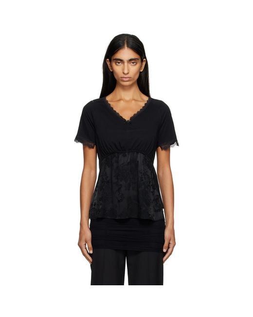 MM6 by Maison Margiela Black Cotton Jersey & Lace T-Shirt