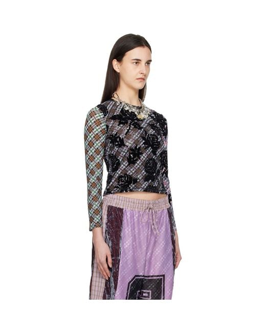 Chopova Lowena Black Picnic Plaid Flocked Mesh Top