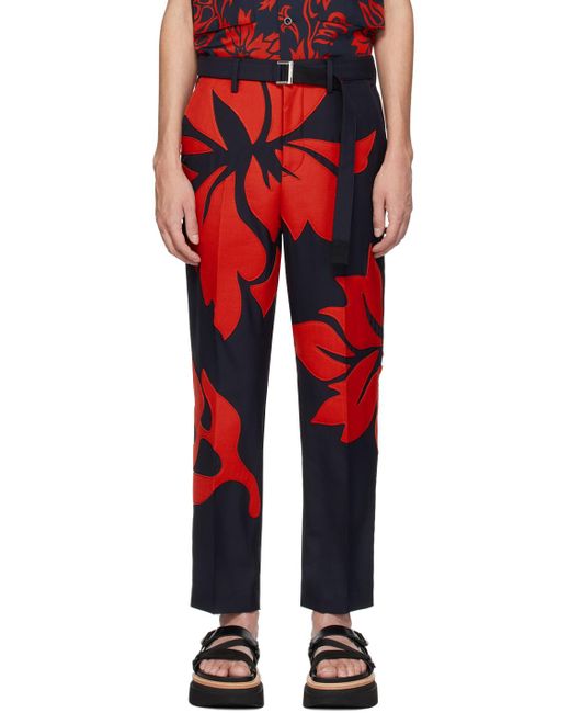 Sacai Navy & Red Floral Appliqué Trousers for men