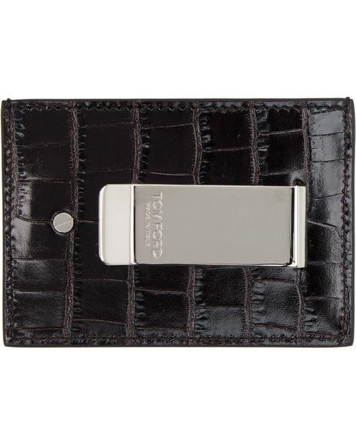 Tom Ford Black Shiny Croc 'T Line' Money Clip Card Holder for men