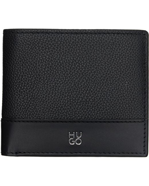 HUGO Black Stacked-Logo Leather Wallet for men