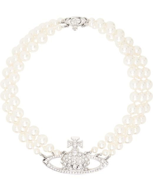 Vivienne Westwood White Three Row Pearl Bas Relief Choker