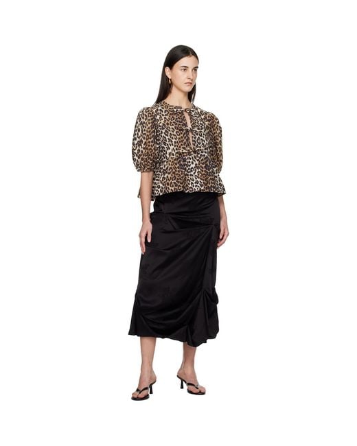 Ganni Black Tan Leopard Cotton Poplin Peplum Tie Blouse