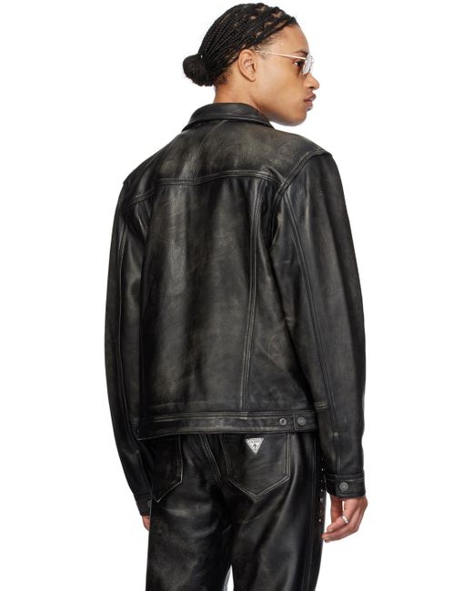Guess USA Black Distressed Leather Jacket for men