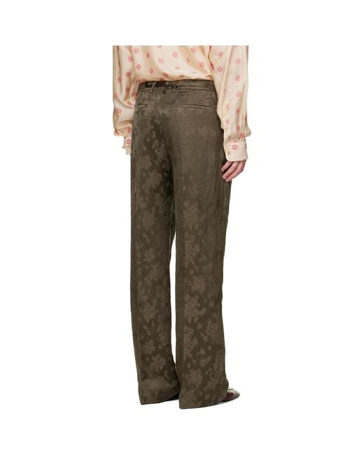 Dries Van Noten Green Khaki Belted Floral Jacquard Trousers for men