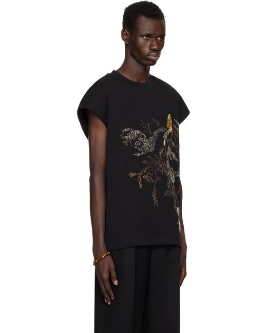 メンズ Dries Van Noten ブラック 刺繍 ノースリーブTシャツ Black