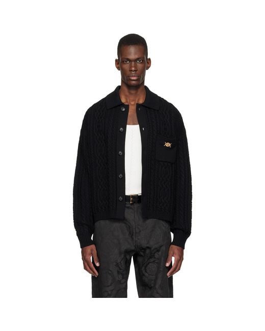 Versace Black Mixed-Stitch Wool Knit Cardigan for men