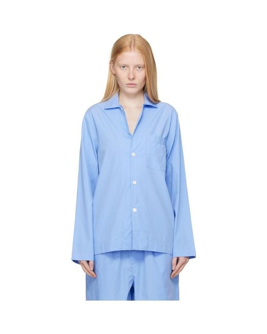 Tekla Blue Poplin Long-Sleeved Pyjama Shirt