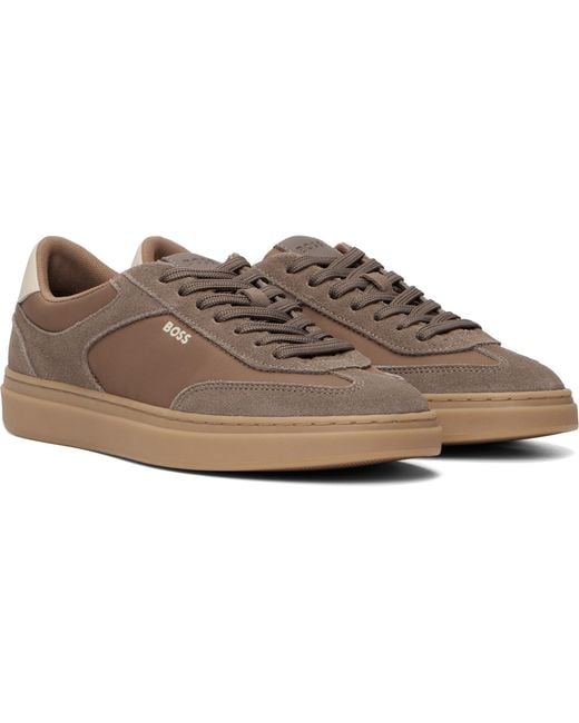 Boss Brown Tan Suede Trims Lace-Up Sneakers for men