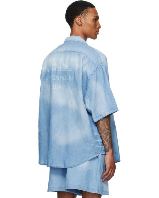 Acne Blue Button-Up Logo Stamp Shirt for men