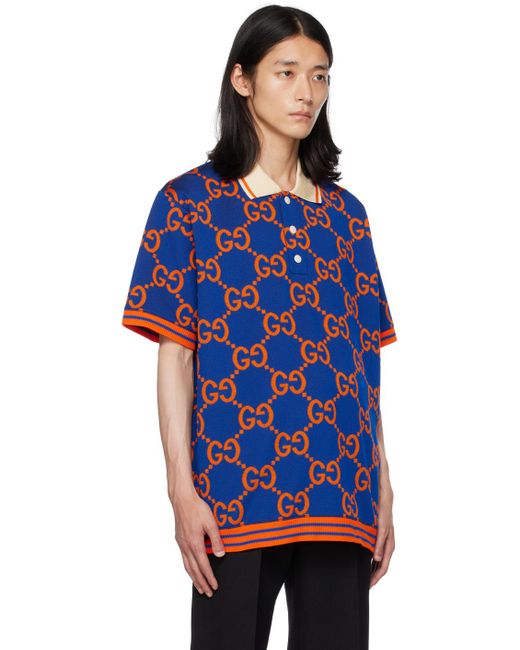 Gucci Blue Monogram-print Stretch-woven Blend Polo Shirt for men