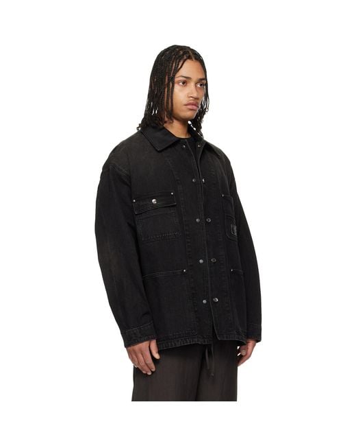 Wooyoungmi Black Leather Collar Tin-Washed Denim Coat for men