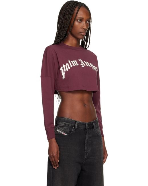 Palm Angels Red Burgundy Curved Logo Crop T-Shirt