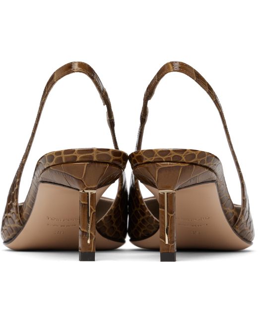 Tom Ford Black Khaki Shiny Stamped Crocodile T Slingback Heels