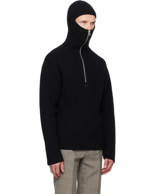 Courreges Black Ribbed Wool Hoodie for men