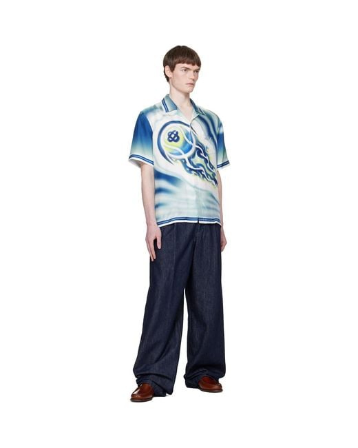 Casablanca Blue 'The Art Of The Serve' Short Sleeve Silk Shirt for men