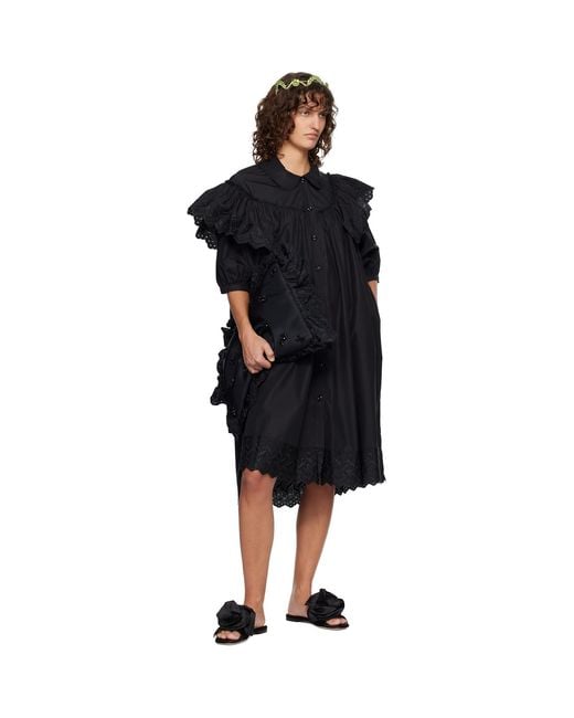 Simone Rocha Black Puff Sleeve Ruffle Frill Trim Shirt Midi Dress