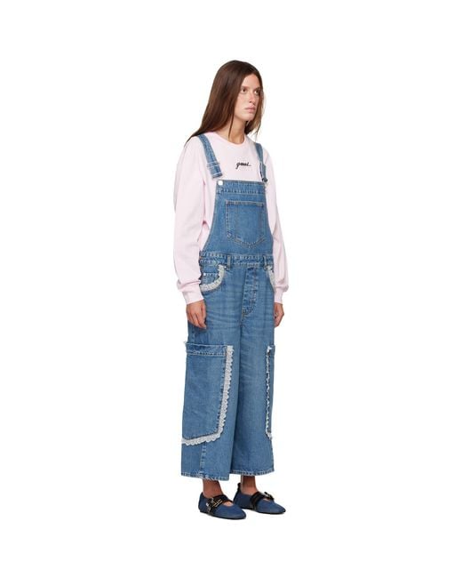 Ganni Blue Cropped Lace Rigid Denim Overalls