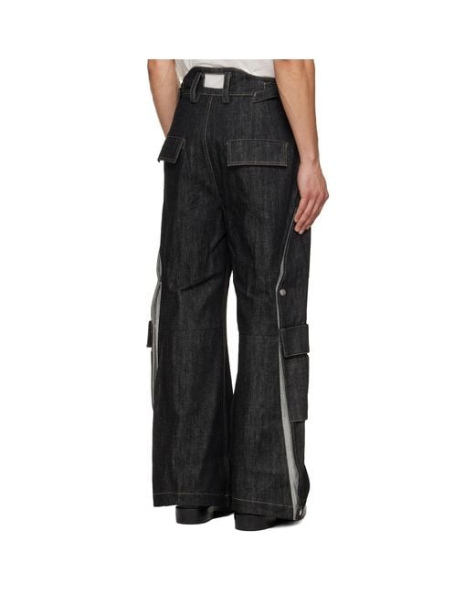 NULLUS Black Whale Fin Snap-On Denim Cargo Pants for men