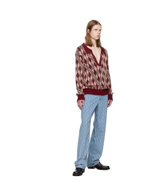 Dries Van Noten Red Burgundy Argyle Polo for men