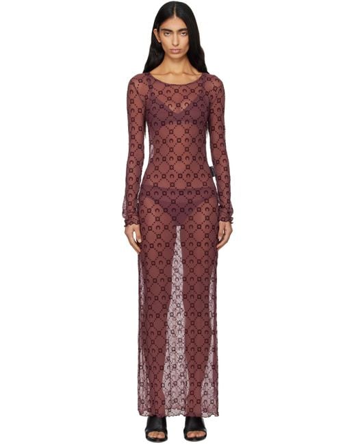 MARINE SERRE Red Burgundy Moonogram Mesh Flock Maxi Dress