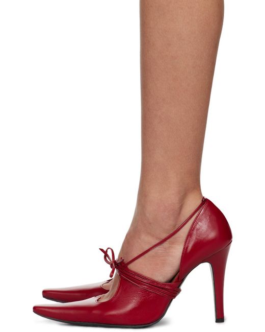 Pushbutton Red Self Tie Strap Heels