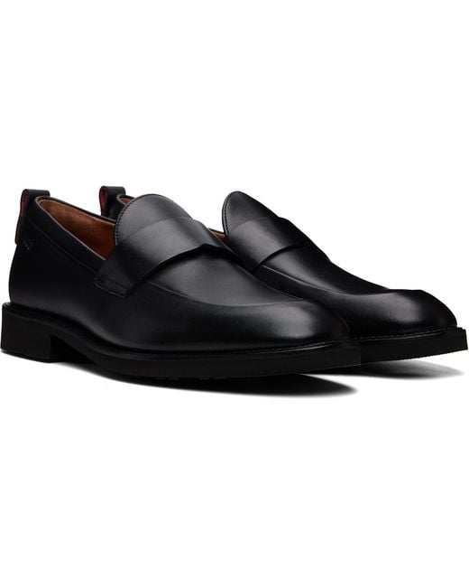HUGO Black Leather Penny Trim Loafers for men