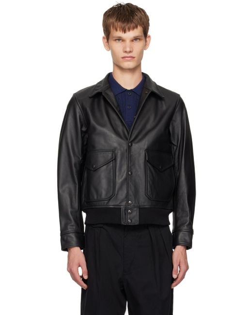 Beams Plus Black Military Leather Bomber Jacket for men